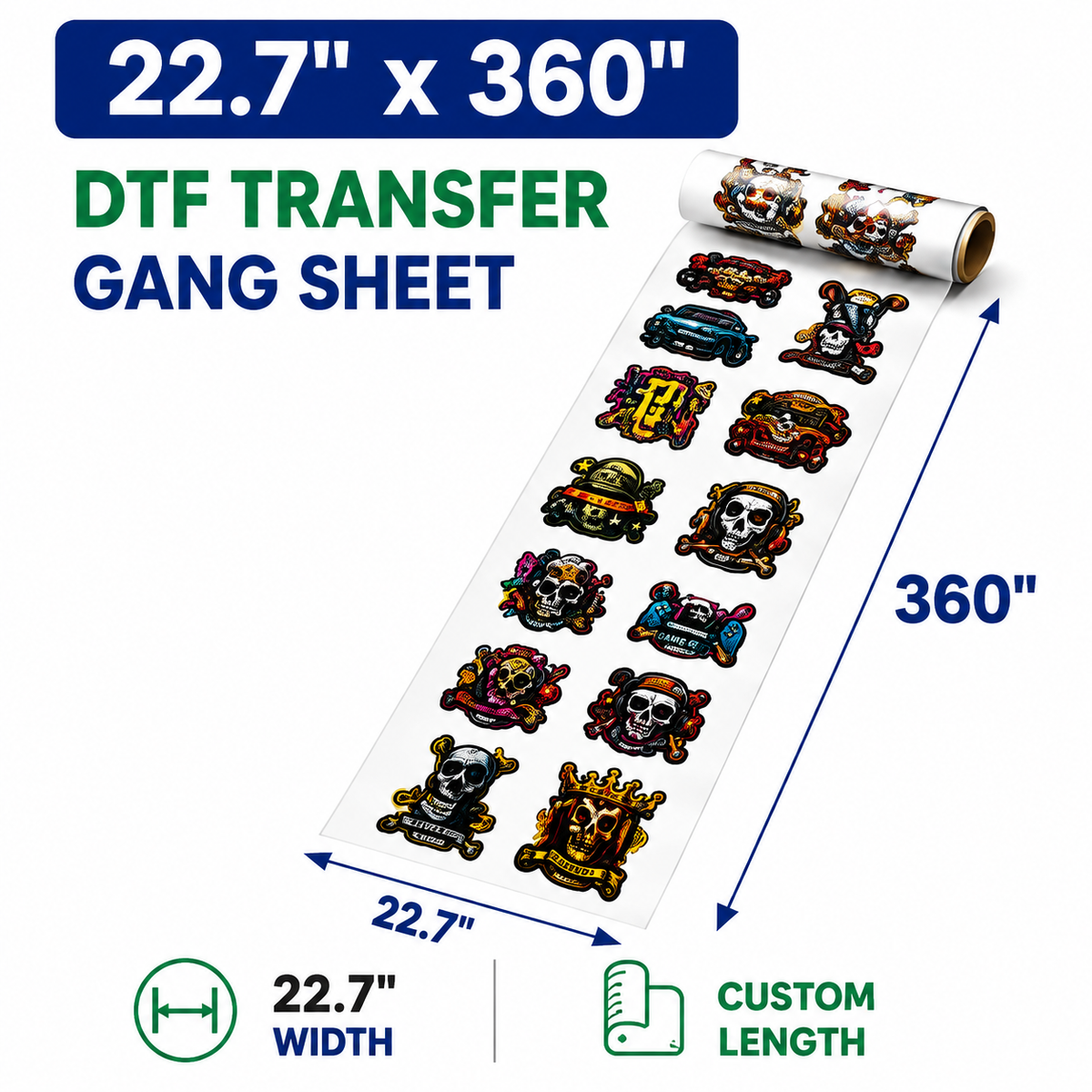 22.7 x 360 inch DTF transfer gang sheet size example
