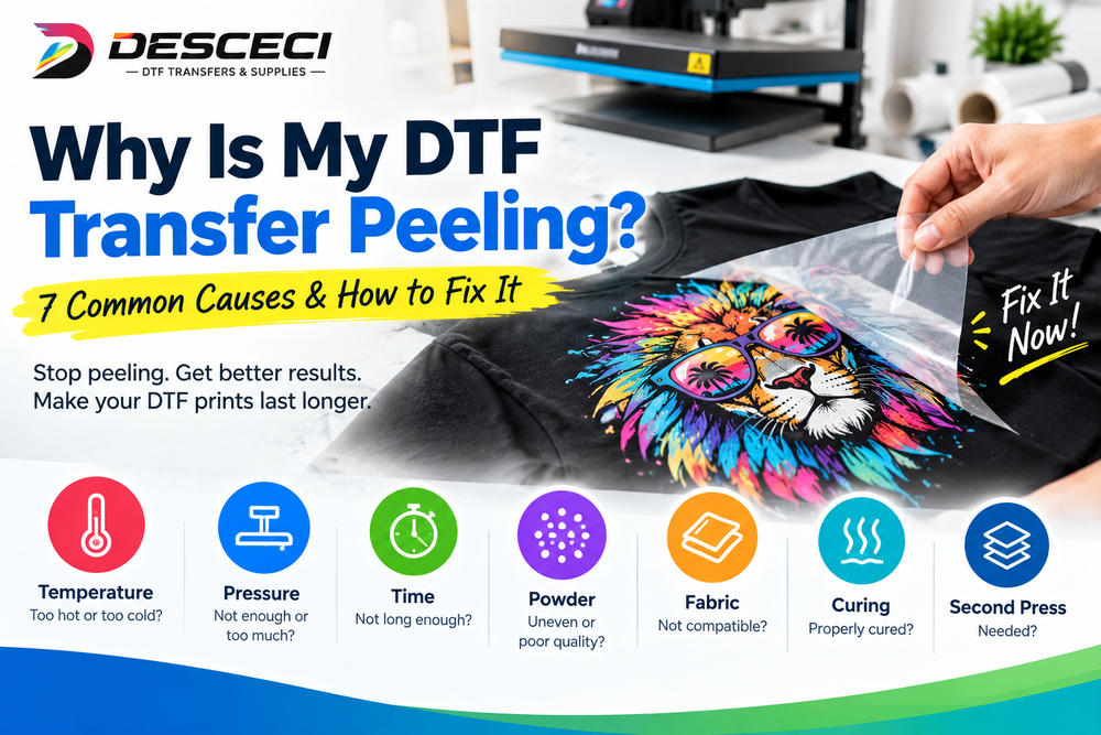 Common causes of DTF transfer peeling include incorrect heat, pressure, pressing time, adhesive powder, fabric, curing, and application technique.