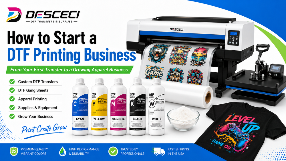 How to start a DTF printing business with a DTF printer, transfers, gang sheets, ink, film, powder and heat press equipment.