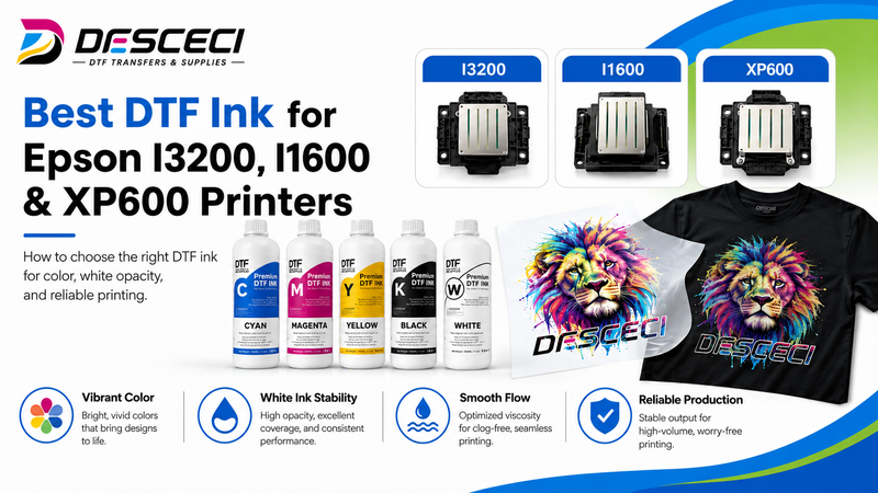 Best DTF ink for Epson I3200, I1600 and XP600-based DTF printers with CMYK and white DTF ink.