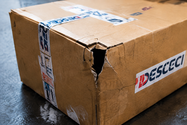 Damaged DESCECI shipping box used for transit damage example
