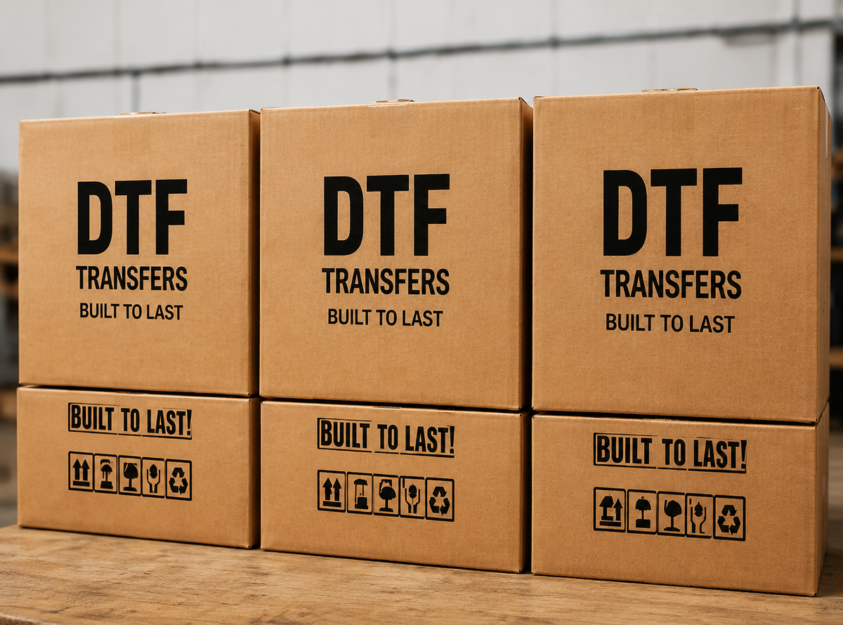 Packaged DTF transfer orders ready for shipping