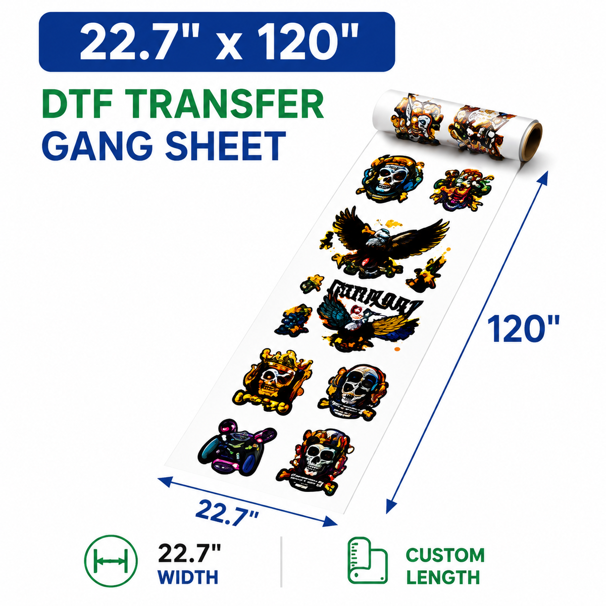 22.7 x 120 inch DTF transfer gang sheet size example