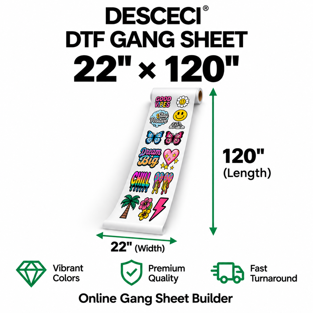 22 x 120 inch DTF gang sheet for bulk custom heat transfer printing - DESCECI