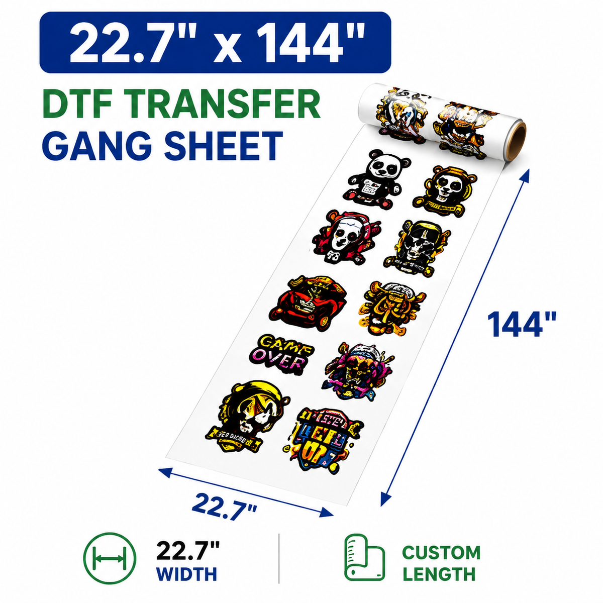 22.7 x 144 inch DTF transfer gang sheet size example
