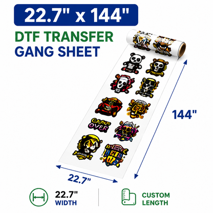 22.7 x 144 inch DTF transfer gang sheet size example