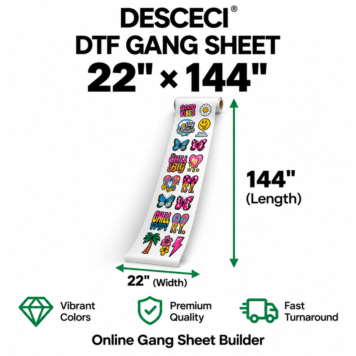 22 x 144 inch custom DTF gang sheet for bulk apparel transfers - DESCECI