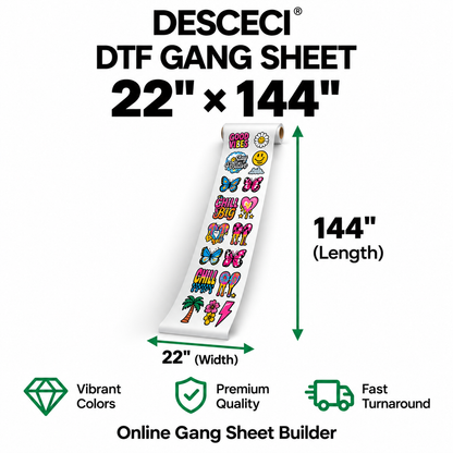 22 x 144 inch custom DTF gang sheet for bulk apparel transfers - DESCECI