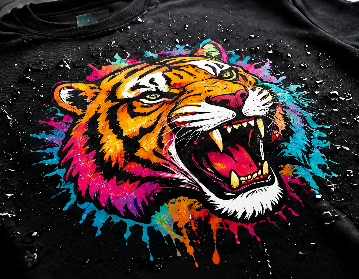 Vibrant DTF tiger print on black T-shirt with sharp color detail