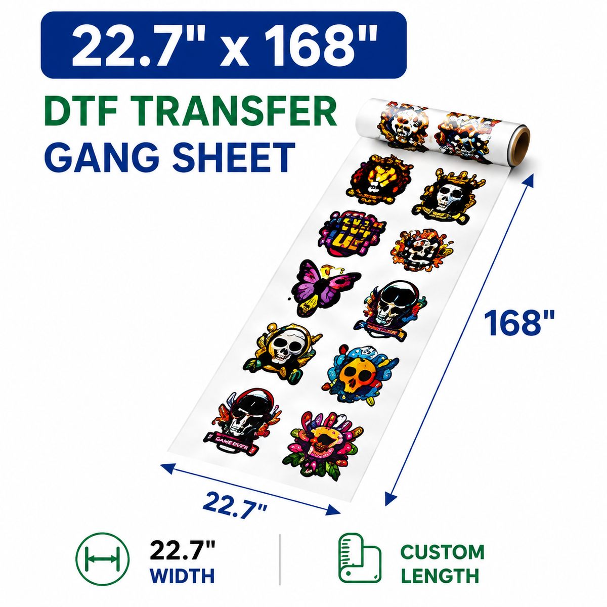 22.7 x 168 inch DTF transfer gang sheet size example