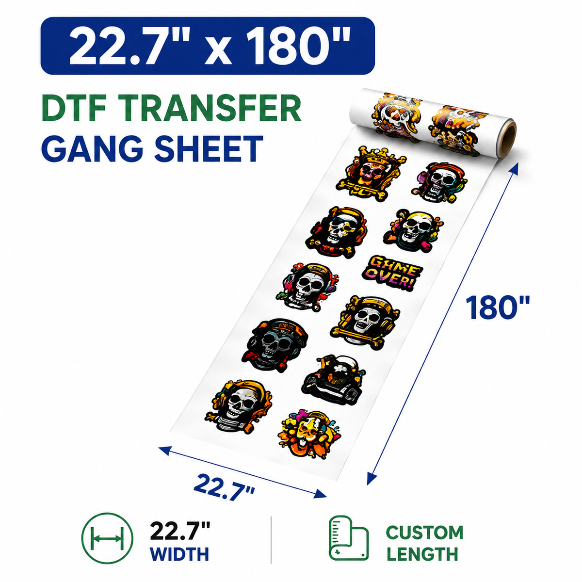 22.7 x 180 inch DTF transfer gang sheet size example