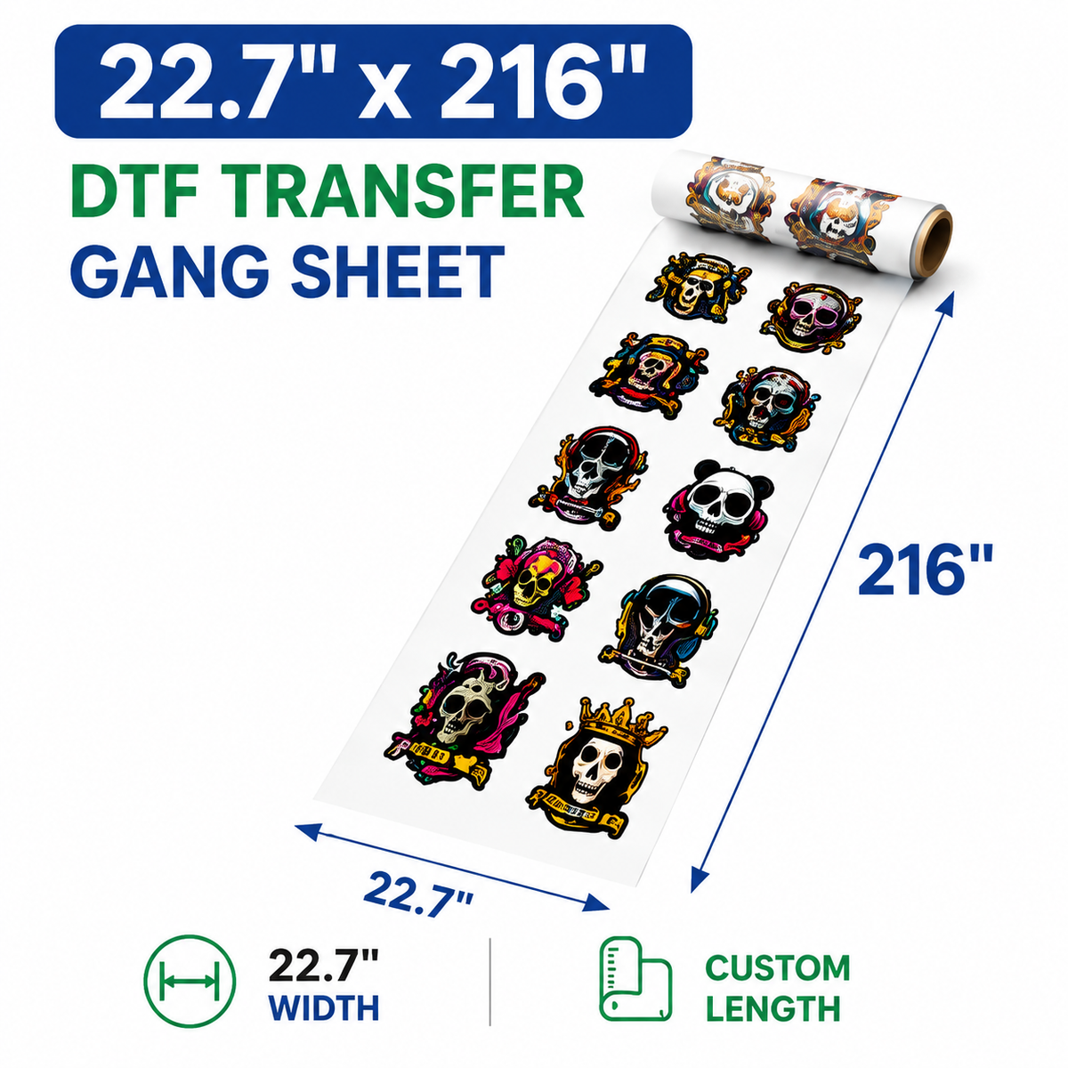 22.7 x 216 inch DTF transfer gang sheet size example