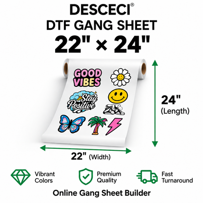 22 x 24 inch DTF gang sheet for custom heat transfer printing - DESCECI