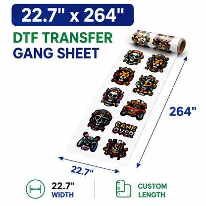 22.7 x 264 inch DTF transfer gang sheet size example