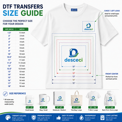 DTF transfer size and placement guide for front and back T-shirt printing