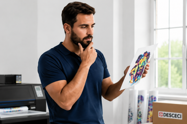 Customer inspecting a printed DTF transfer for color and quality