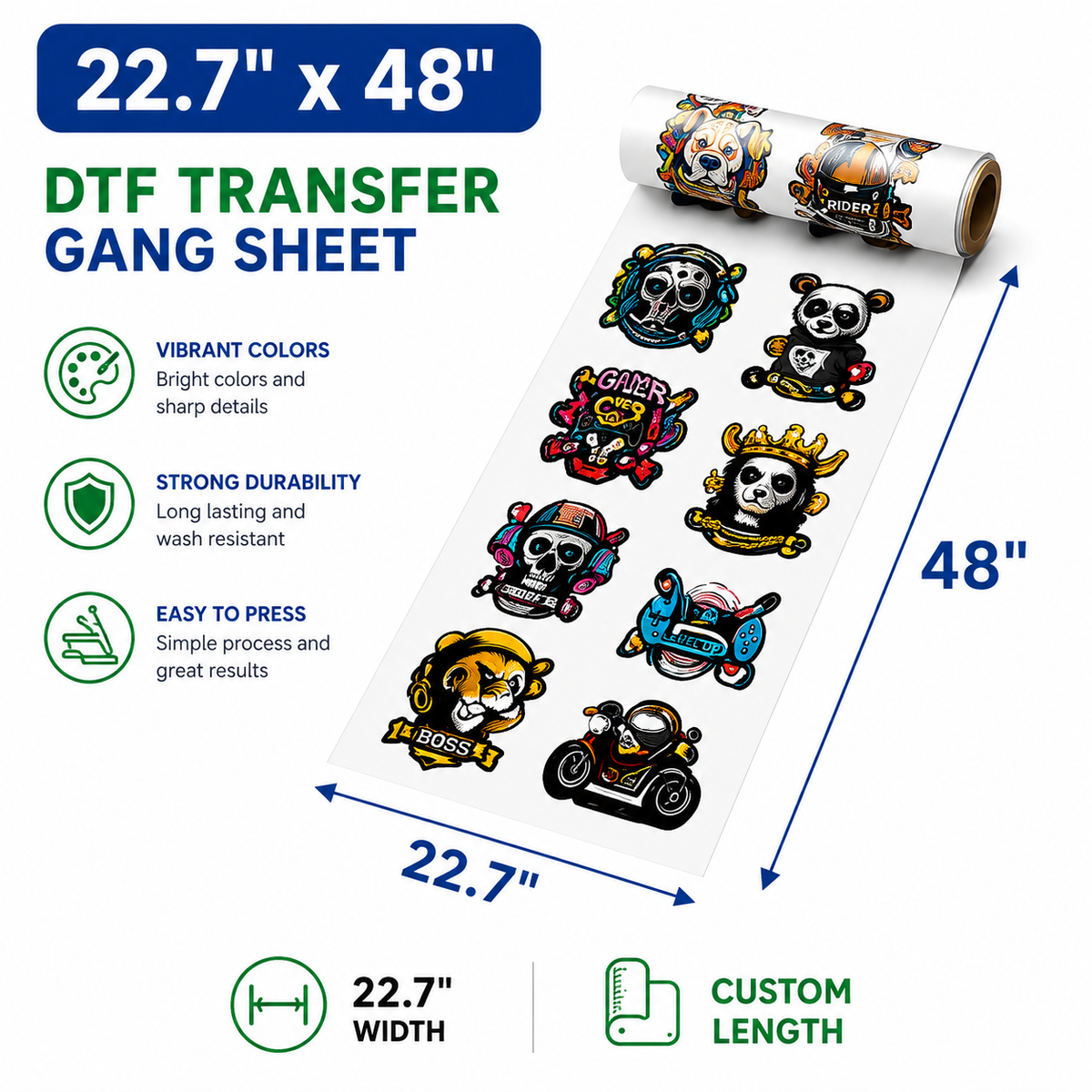 22.7 x 48 inch DTF transfer gang sheet size example