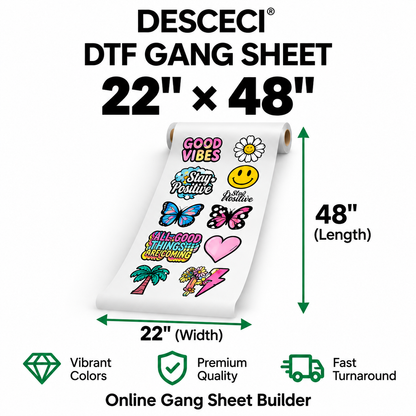 22 x 48 inch DTF gang sheet for custom apparel heat transfers - DESCECI