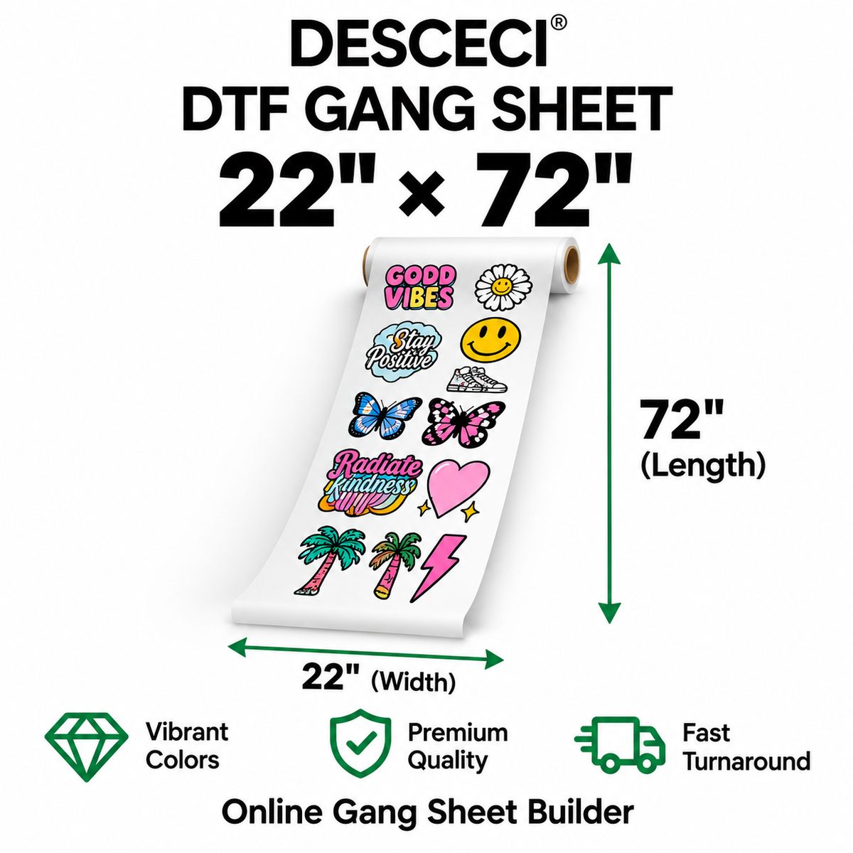 22 x 72 inch DTF gang sheet for multiple custom heat transfer designs - DESCECI