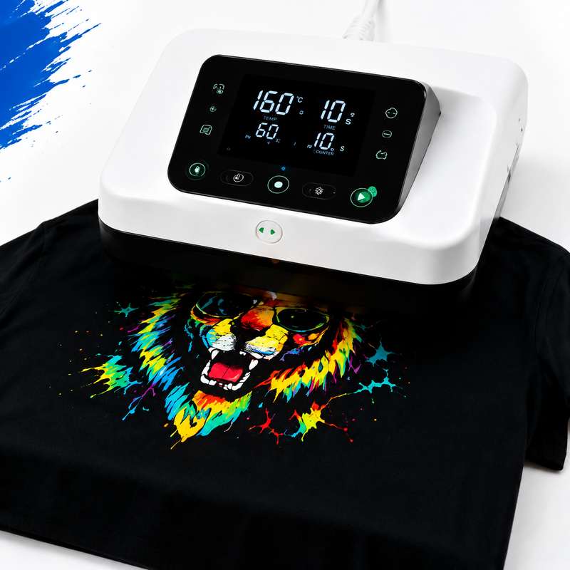 Final heat press step for a DTF transfer on a black T-shirt