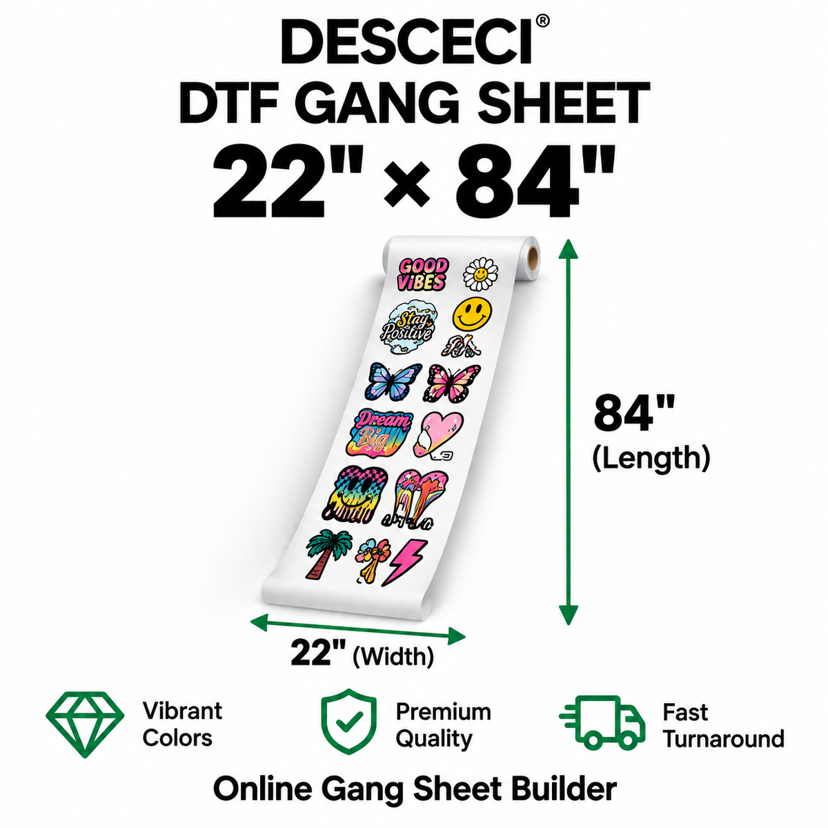 22 x 84 inch custom DTF gang sheet for T-shirt and apparel printing - DESCECI
