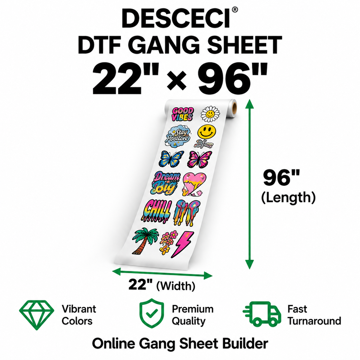22 x 96 inch DTF gang sheet for custom ready-to-press transfers - DESCECI