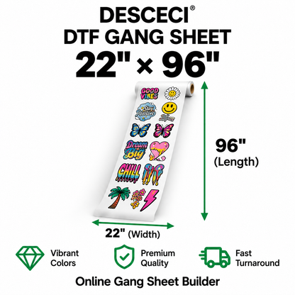 22 x 96 inch DTF gang sheet for custom ready-to-press transfers - DESCECI