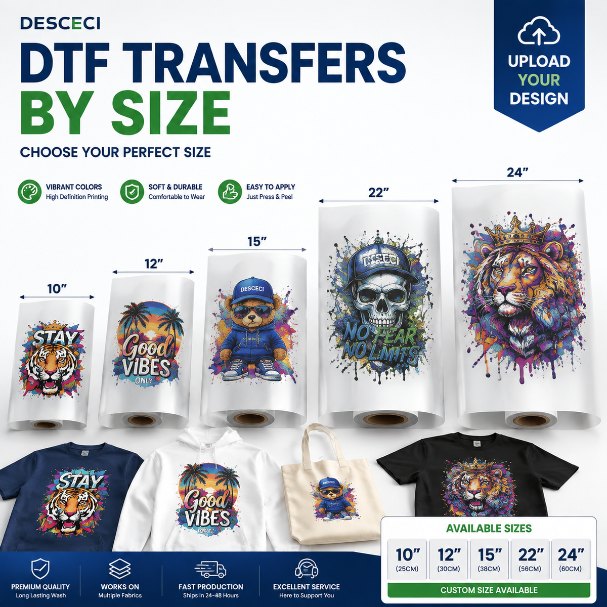 Custom DTF transfers by size ready to press for T-shirts and apparel