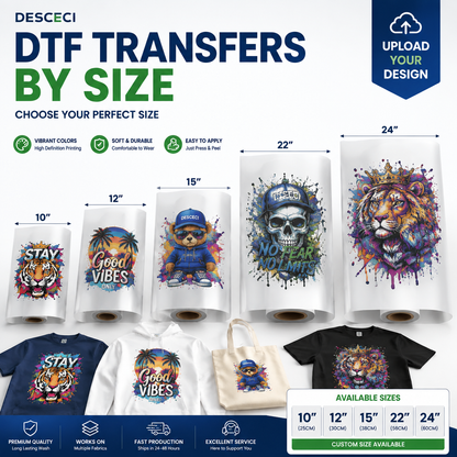 Custom DTF transfers by size ready to press for T-shirts and apparel