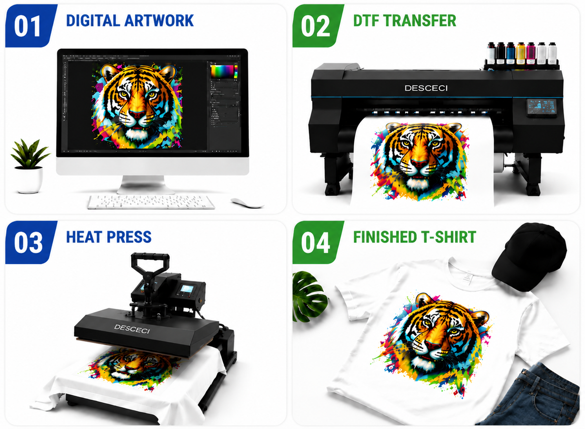 DTF transfer printing process from artwork to ready-to-press custom T-shirt transfer – DESCECI