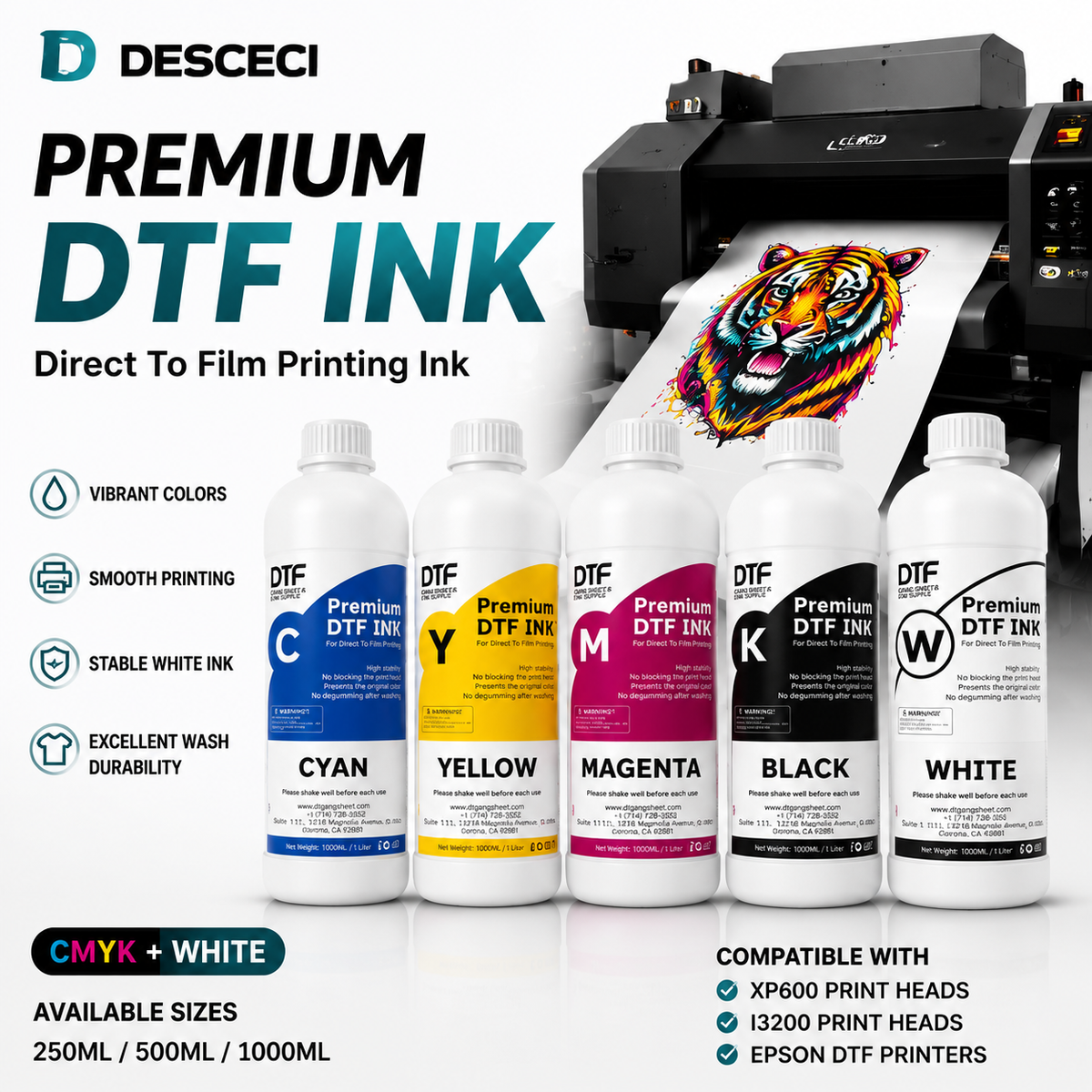 CMYK and white DTF printer ink bottles for full-color printing