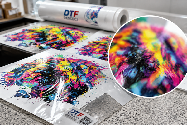 Close-up of printed DTF transfers showing print quality details