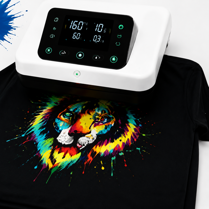 Heat pressing a DTF transfer onto a black T-shirt