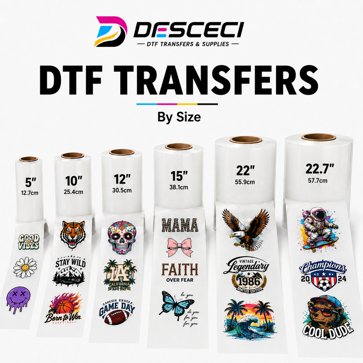 DESCECI DTF transfers by size with multiple transfer width options