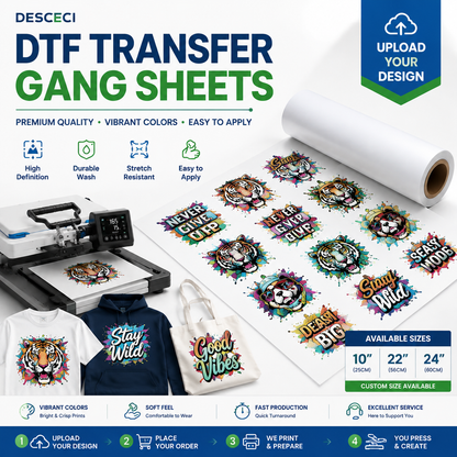 Custom DTF transfers for T-shirts and apparel by DESCECI