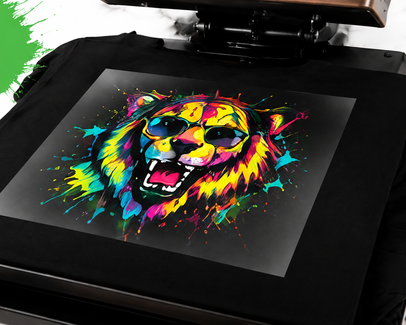 Positioning a DTF transfer on a black T-shirt before heat pressing