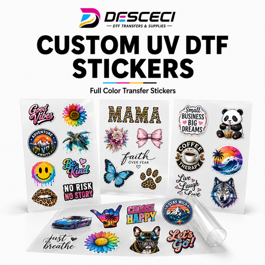 DESCECI custom UV DTF stickers with full-color transfer designs