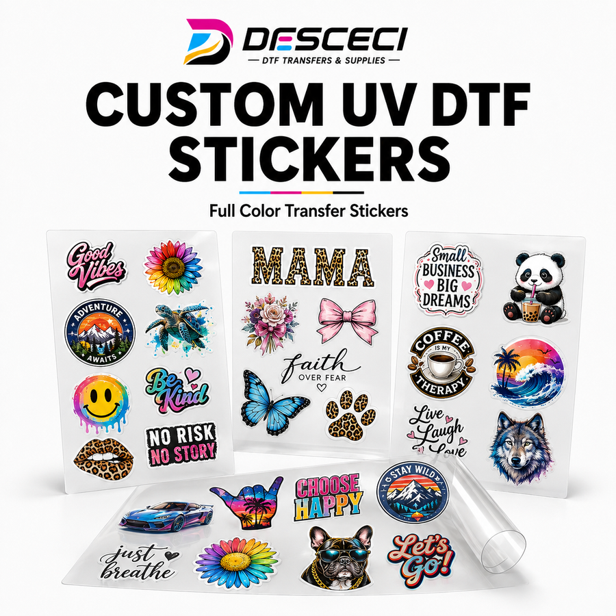 DESCECI custom UV DTF stickers with full-color transfer designs